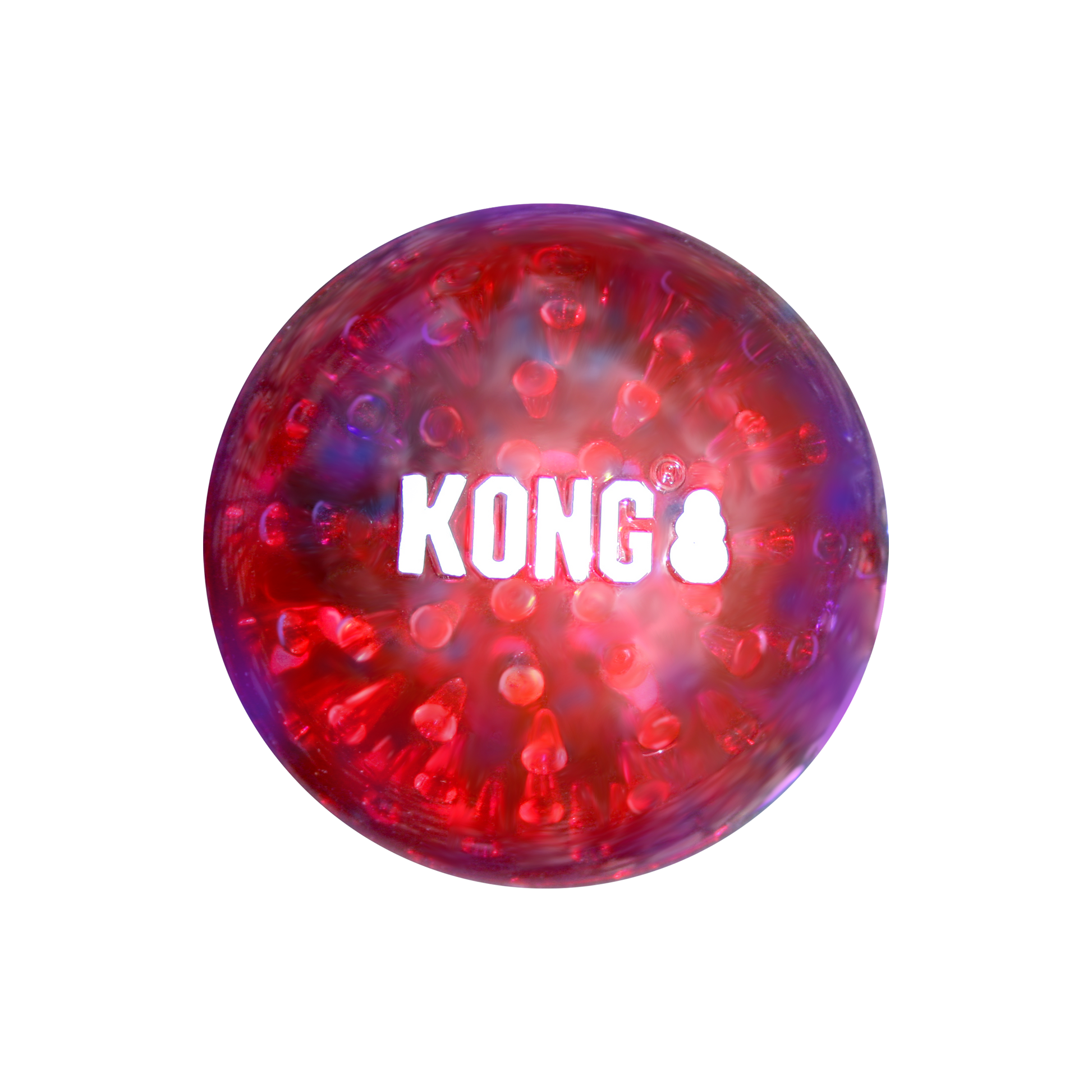 Red and purple KONG ball on a white background