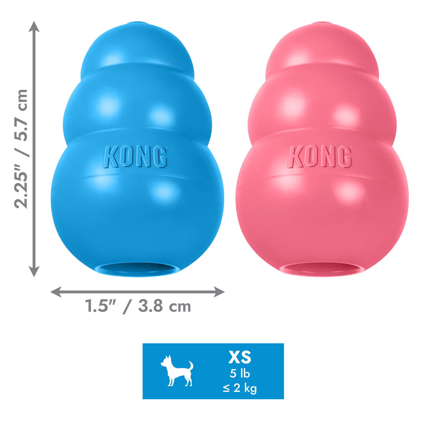 Blue and pink KONG dog toys with measurements and size chart on a white background