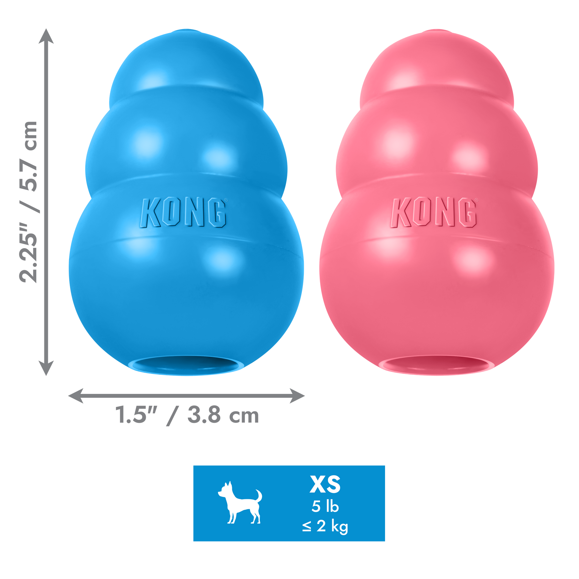 Blue and pink KONG dog toys with measurements and size chart on a white background
