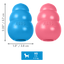 Blue and pink KONG dog toys with measurements and size chart on a white background