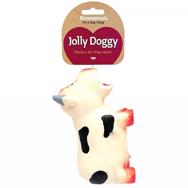 Dog toy shaped like a cow with 'Rosewood' branding on a white background