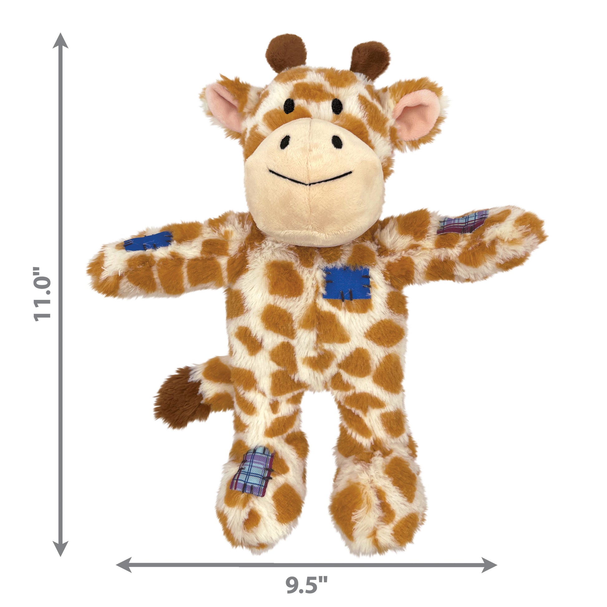 Plush giraffe dog toy with dimensions on a white background