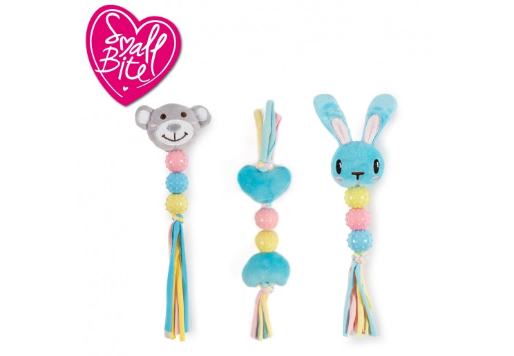 Two puppy toys with animal faces and colorful bodies on a white background, featuring the Small Bites logo.