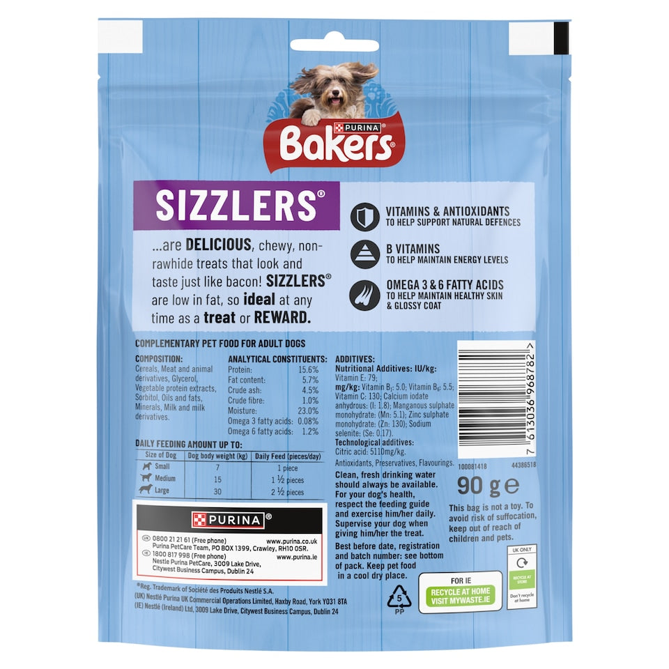 Bakers Sizzlers Dog Treats Bacon Flavour Chewy Rewards