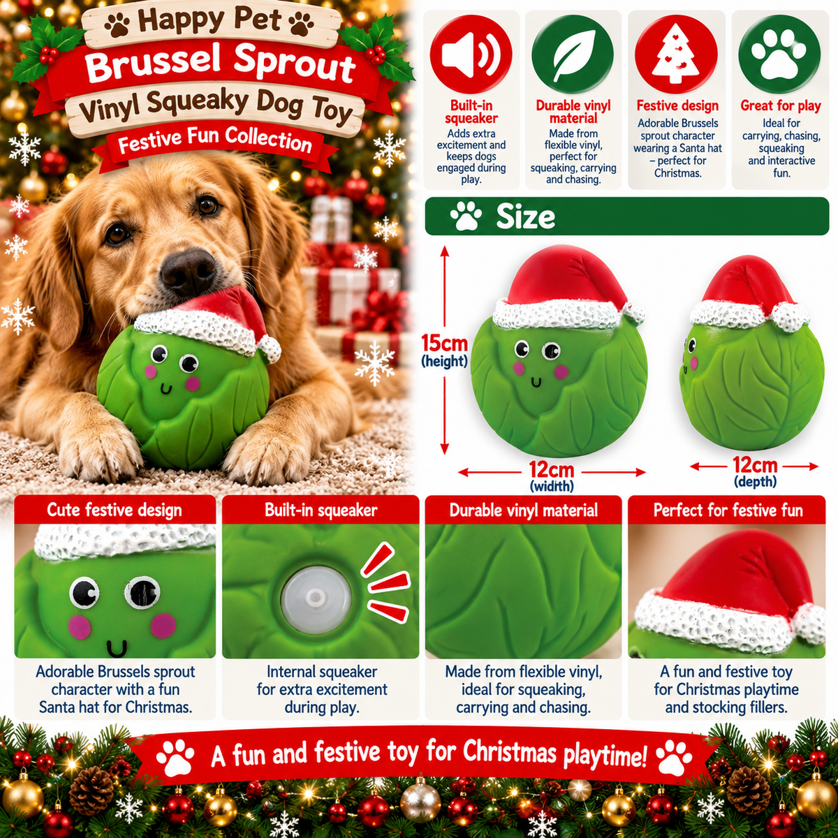 Brussel Sprout Vinyl 🎄 Squeaky Dog Toy by Happy Pet