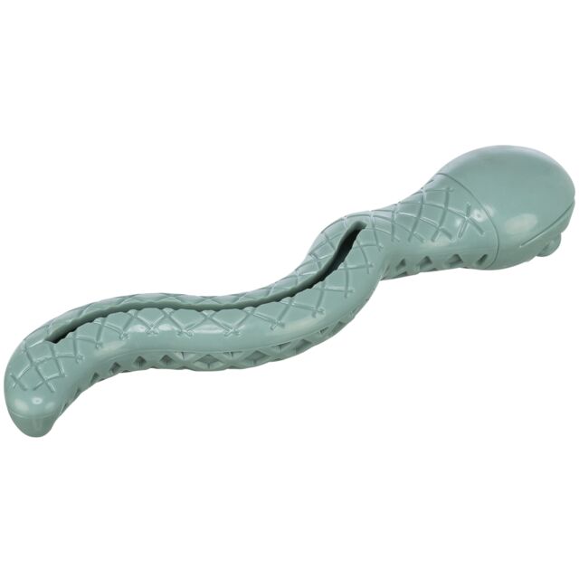 Light green textured dog toy in the shape of a snake on a white background