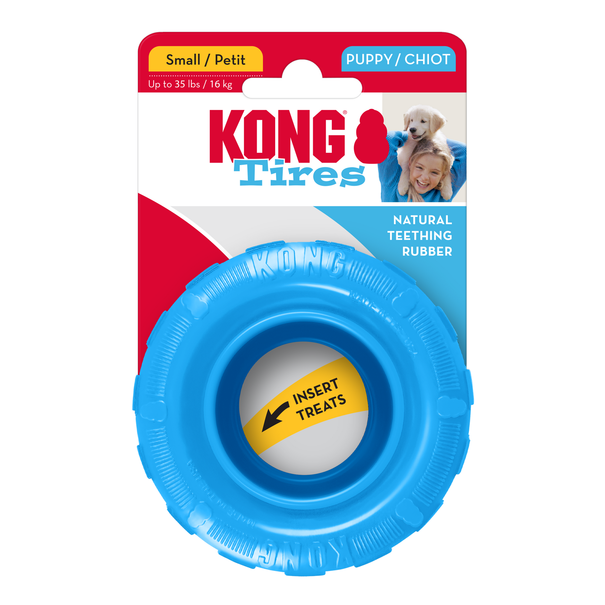 KONG Tires dog toy packaging with a blue tire-shaped toy on a white background