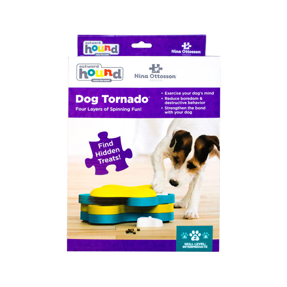Package of Nina Ottosson Dog Tornado toy for dogs on a white background