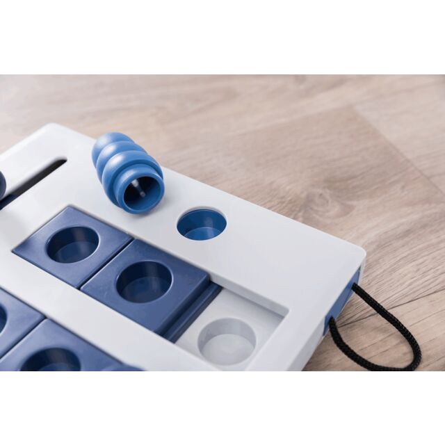 Blue and white puzzle toy on a wooden surface