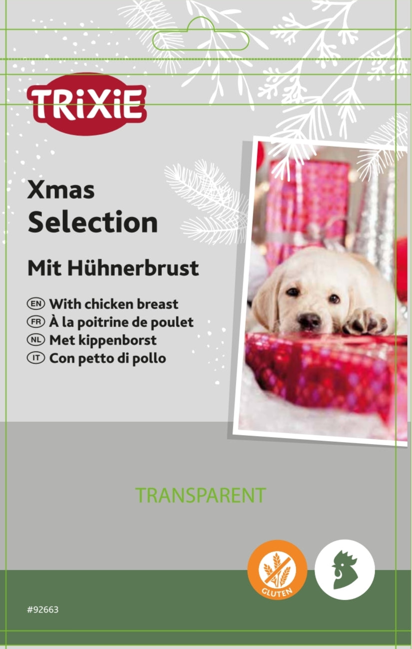 Dog treats in star, heart and Christmas tree shapes label