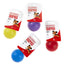Three colorful rubber dog toys with their packaging on a white background