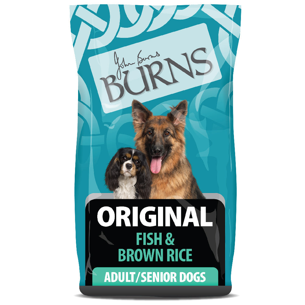 Bag of Burns Original Fish & Brown Rice dog food for adult/senior dogs on a white background