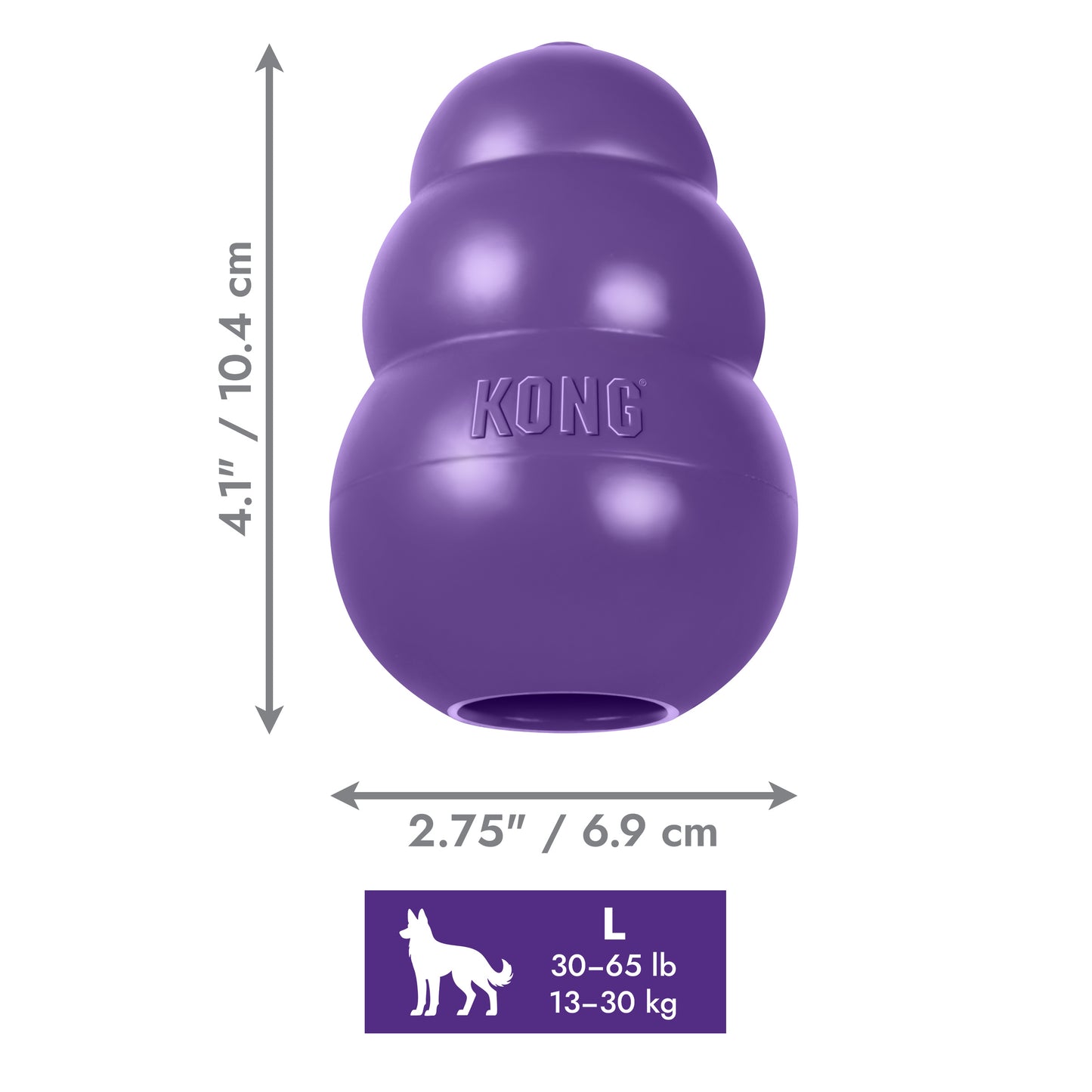 Purple KONG dog toy with dimensions and weight capacity on a white background