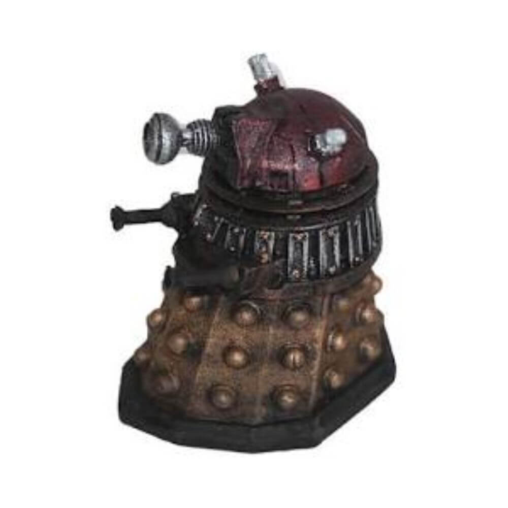 A Dalek figurine with a dark metallic body, featuring a weathered dark red dome, silver eye lens, and textured studded shell on a plain white background.