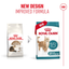 Two packages of Royal Canin cat food with text indicating new design and improved formula.
