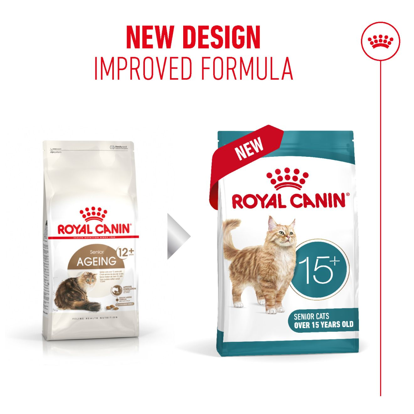 Two packages of Royal Canin cat food with text indicating new design and improved formula.