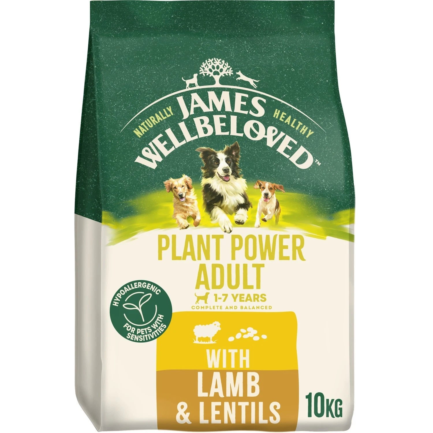 James Wellbeloved plant power adult dog food packaging with images of dogs on a green and white background.