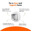 A white cat flap shown on a white background with promotional text and arrows. The text says it is for a clean and hygienic home, detects birds, rats, lizards, and other common prey animals, works reliably around the clock thanks to integrated night vision, is compatible with 99% of all common microchip cat flaps, and is splash-proof and weather-resistant.