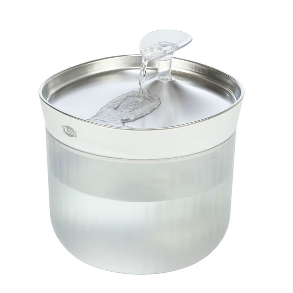 A stainless steel pet water fountain bowl with a clear plastic water flow sensor on top, shown on a solid white background. Perfect for cats and dogs. Has USB and plug charger. 