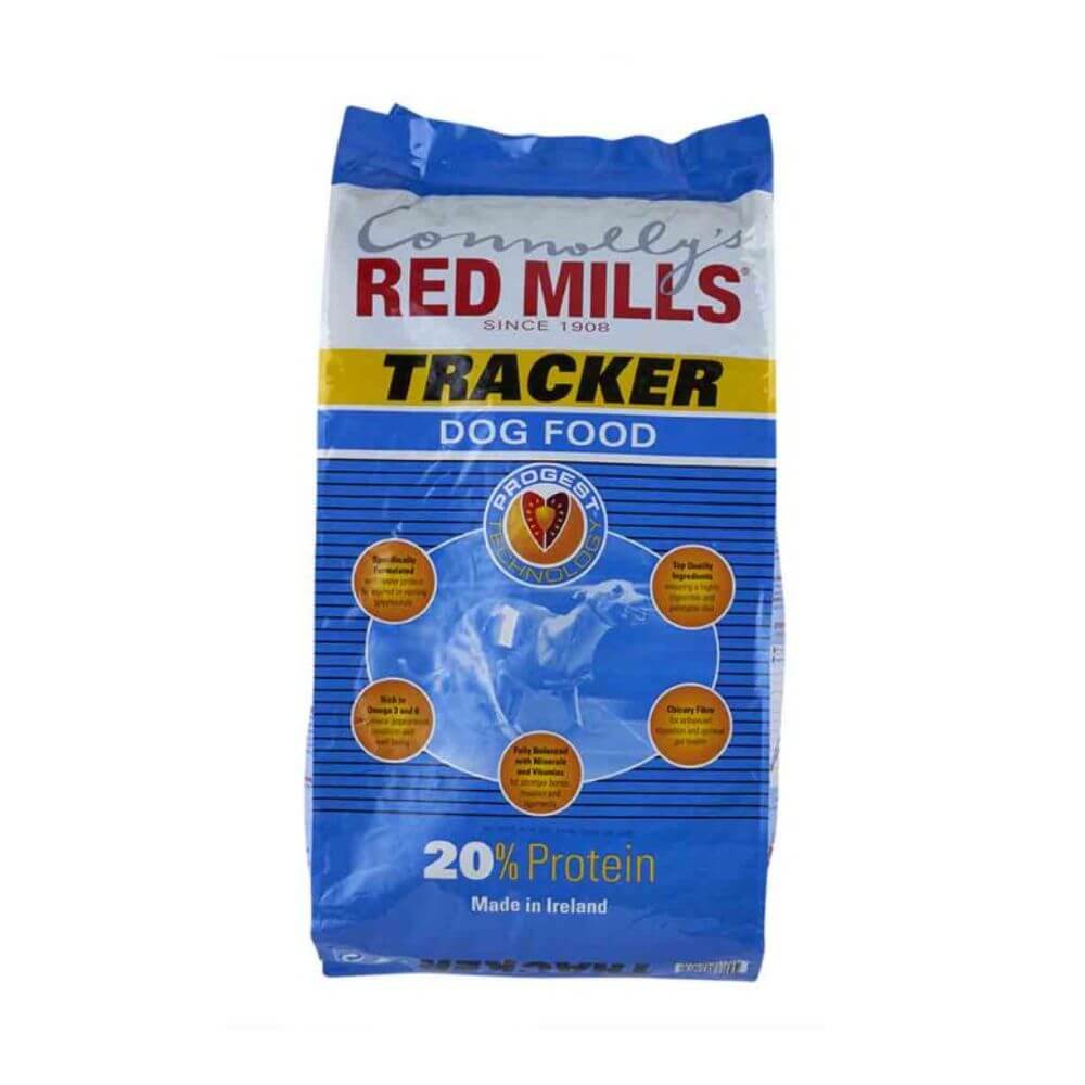 A bag of Connolly's Red Mills Tracker Dog Food, 20% Protein, made in Ireland. The packaging is primarily blue with white, yellow, and red text and graphics.