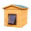 A wooden, weatherproof cat kennel with a gabled roof, natural wood siding, and a dark brown automatic flap draughtproof  door with a clear window, shown on a plain white background.