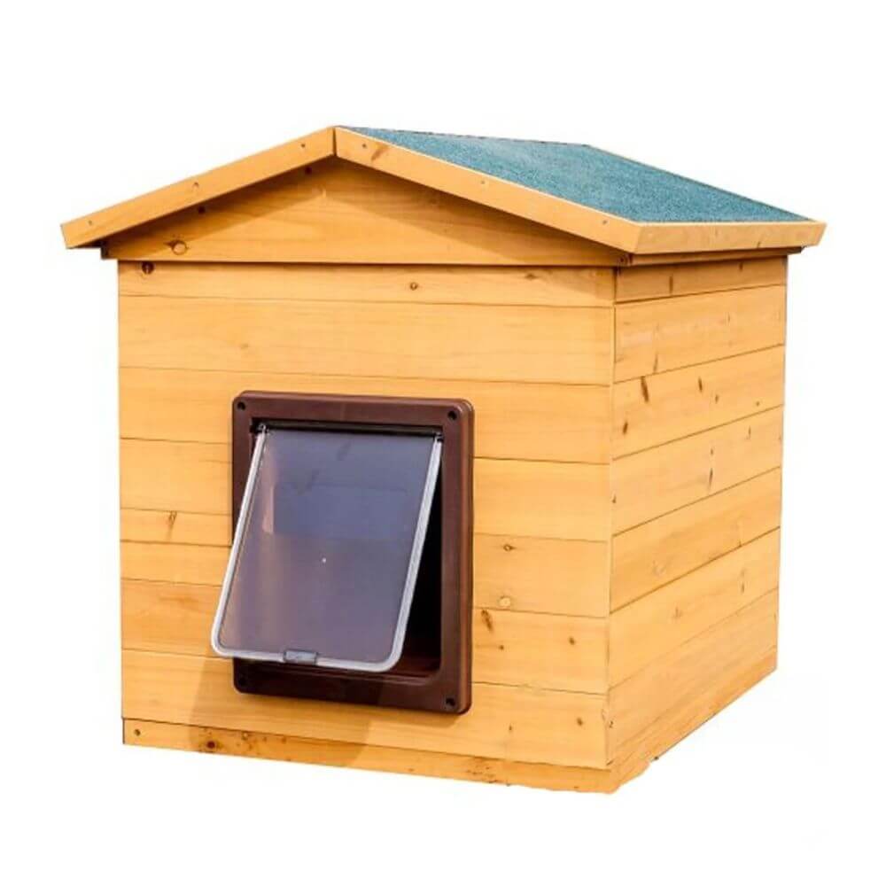 A wooden, weatherproof cat kennel with a gabled roof, natural wood siding, and a dark brown automatic flap draughtproof  door with a clear window, shown on a plain white background.