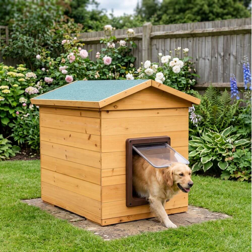 A golden retriever walks out of a wooden dog house with a green roof and a clear entry door, set in a grassy backyard with flowers and a wooden fence. Advertising a wooden dog kennel for sale with delivery throughout UK and Ireland.