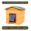 A small wooden dog kennel with a hipped roof, a dark green asphalt felt top, and a front slipper-style door with a dark frame and clear flap. Dark olive banners at the top and bottom read 'FAST DELIVERY FROM NEWRY TO IRELAND & UK' and 'SMALL - 60cm x 46cm x 46cm'. Advertising a weatherproof, wooden dog kennel with delivery throughout Ireland and UK. 