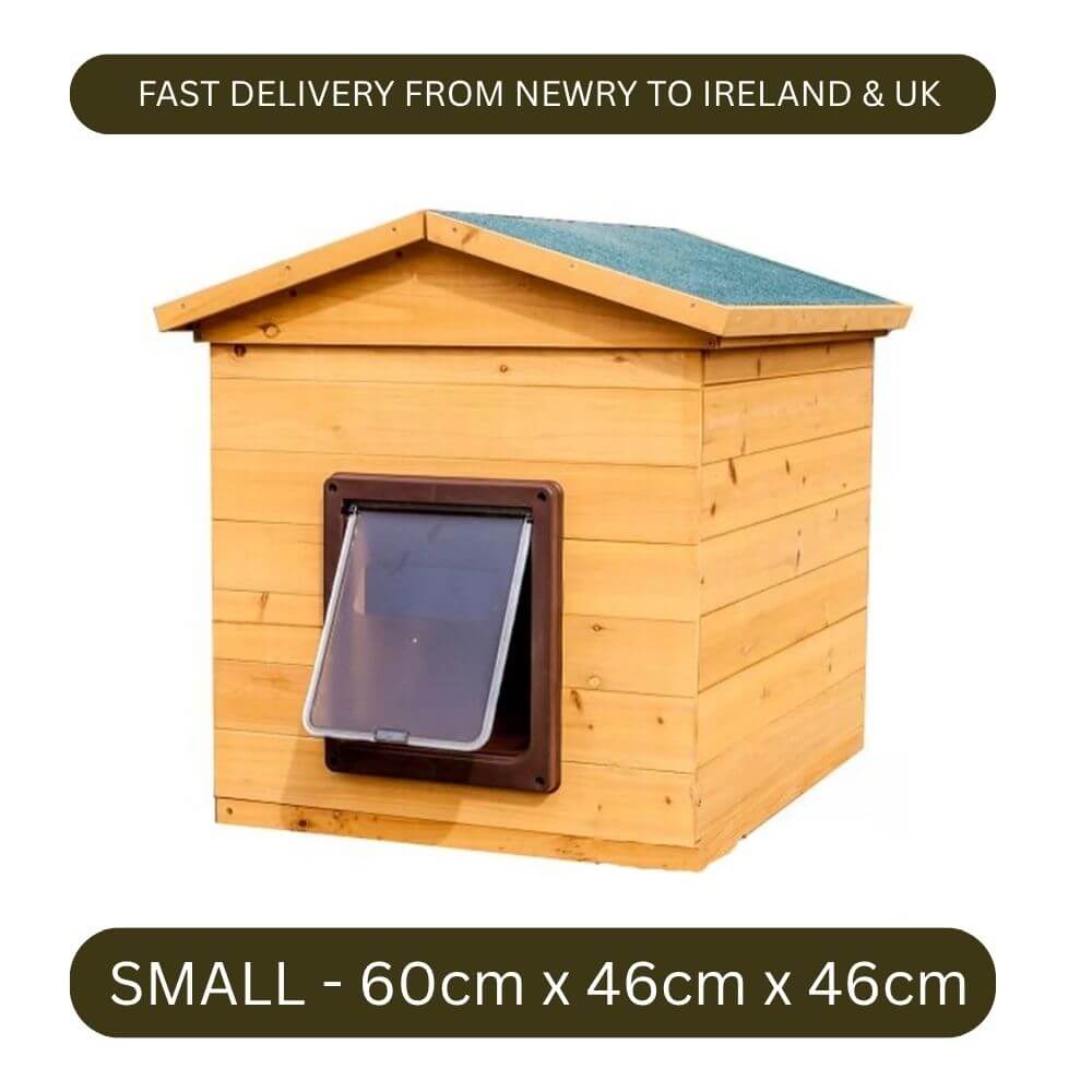 A small wooden dog kennel with a hipped roof, a dark green asphalt felt top, and a front slipper-style door with a dark frame and clear flap. Dark olive banners at the top and bottom read 'FAST DELIVERY FROM NEWRY TO IRELAND & UK' and 'SMALL - 60cm x 46cm x 46cm'. Advertising a weatherproof, wooden dog kennel with delivery throughout Ireland and UK. 