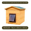 A medium wooden dog kennel with a pitched roof, a dark green top, and a front slipper-style door, shown on a white background with text overlays reading 'EASY BUILD AT HOME OR COLLECT BUILT IN-STORE' and 'MEDIUM - 76cm x 60cm x 60cm'. Advertising a wooden, weatherproof dog kennel for sale with delivery in Ireland and UK.