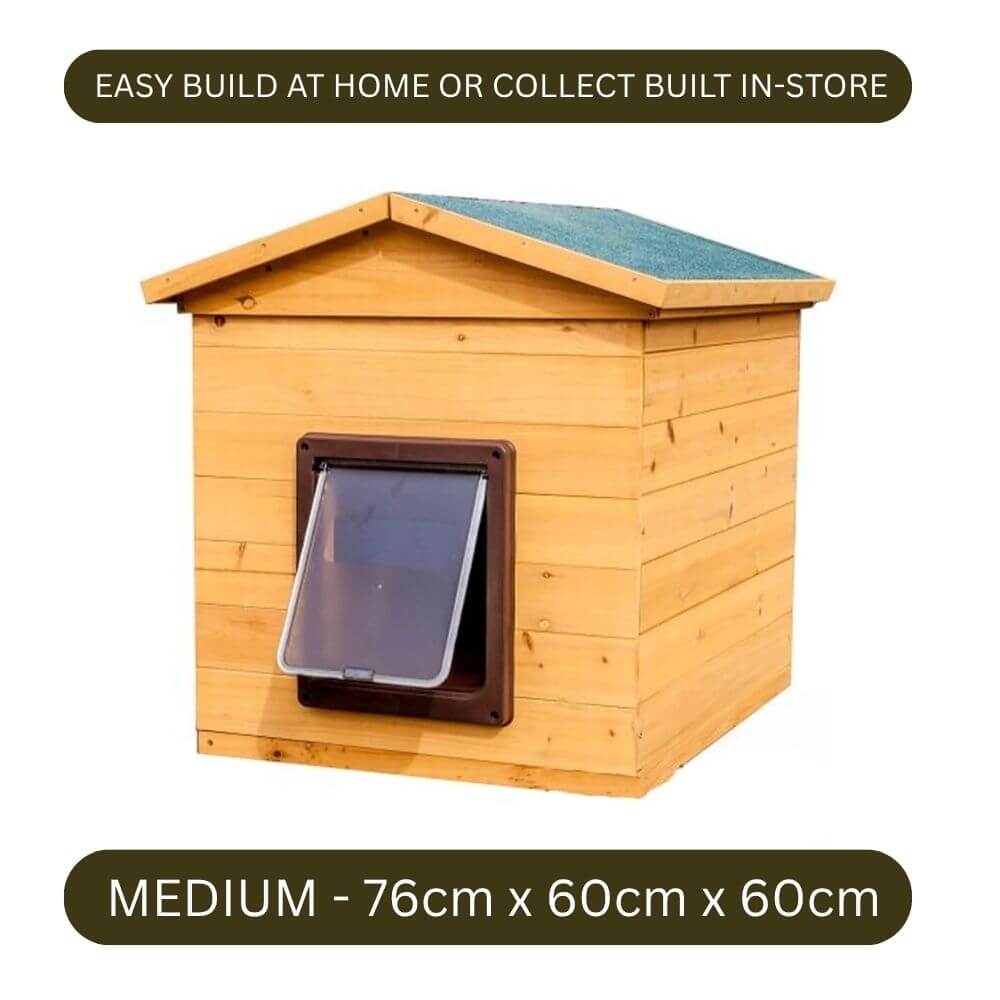 A medium wooden dog kennel with a pitched roof, a dark green top, and a front slipper-style door, shown on a white background with text overlays reading 'EASY BUILD AT HOME OR COLLECT BUILT IN-STORE' and 'MEDIUM - 76cm x 60cm x 60cm'. Advertising a wooden, weatherproof dog kennel for sale with delivery in Ireland and UK.