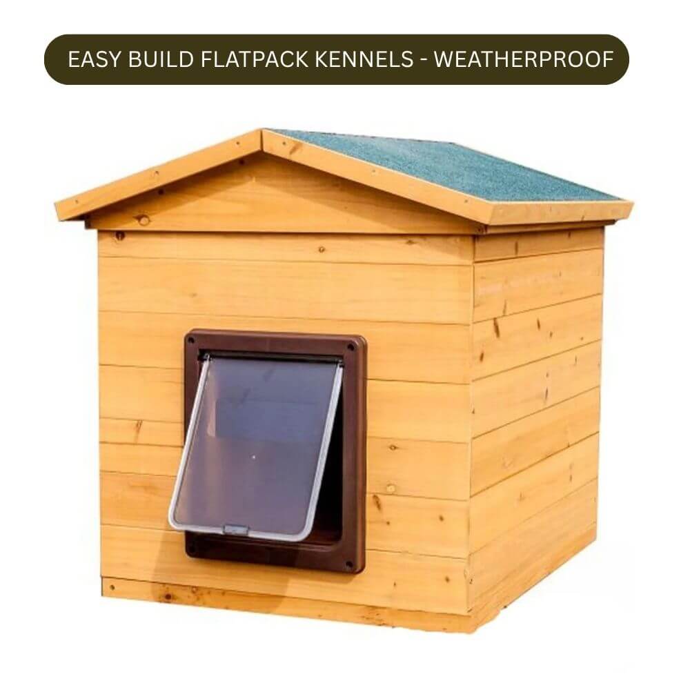 A wooden flatpack dog kennel with a pitched roof, weatherproof finish, and a hinged pet door, shown on a plain white background with a dark olive banner at the top reading 'EASY BUILD FLATPACK KENNELS - WEATHERPROOF'.