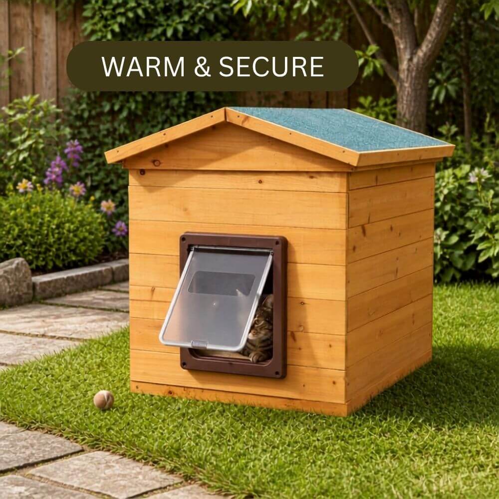 A wooden outdoor cat kennel with a slanted roof and a flap door, shown on a grassy garden lawn. A dark green banner at the top reads 'WARM & SECURE'. It is a weatherproof cat kennel available in Ireland and UK at PetConnection