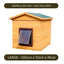 A wooden dog kennel with a slanted roof and a flap entry, shown on a white background with dark olive text banners reading 'WARM & SECURE - FAST DELIVERY' at the top and 'LARGE - 100cm x 70cm x 76cm' at the bottom. Advertising an outdoor dog kennel that is weatherproof. 