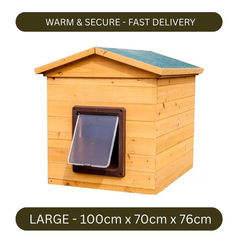 A wooden dog kennel with a slanted roof and a flap entry, shown on a white background with dark olive text banners reading 'WARM & SECURE - FAST DELIVERY' at the top and 'LARGE - 100cm x 70cm x 76cm' at the bottom. Advertising an outdoor dog kennel that is weatherproof. 