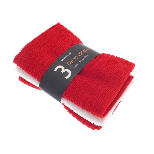 Red face cloths with a gray band indicating '3' on a white background