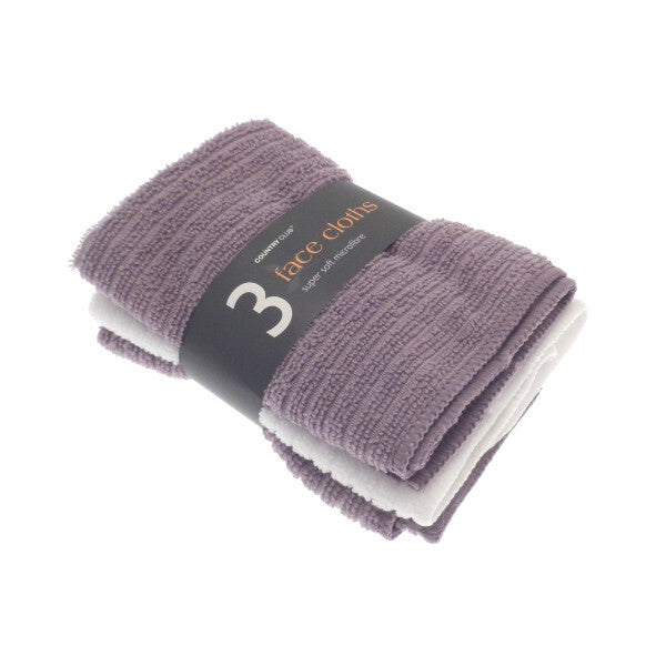 Pack of three purple face cloths with a visible brand label on a white background