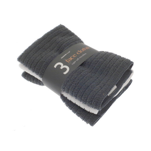 Set of three gray face cloths with a label on a white background