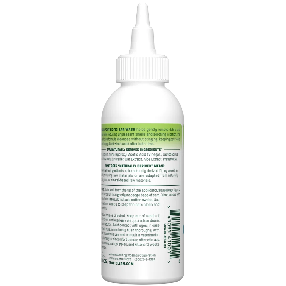 TropiClean Postbiotic Ear Wash 118ml | Alcohol-Free Pet Care